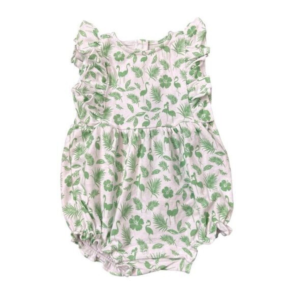 Janie & Jack Cotton Romper Girls Ruffle White Green Tropical Leaves Baby 3-6 Mo